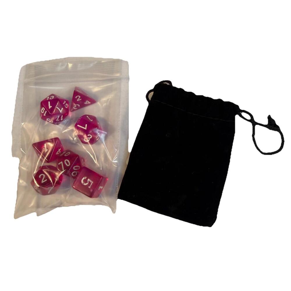 New 7 Piece Polyhedral translucent Pink W/ White Number Dice Set & Bag /  D&D